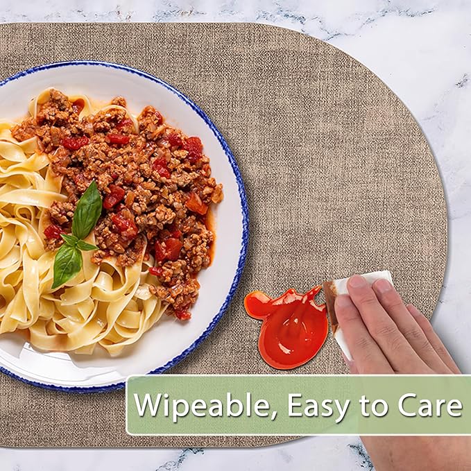 Placemats Set of 6 Non Slip, Heat Resistant Oval Faux Leather Place mats Double Layer, Waterproof Table Mats Easy to Clean for Kitchen Dining Room Coffee Office Table, Apricot