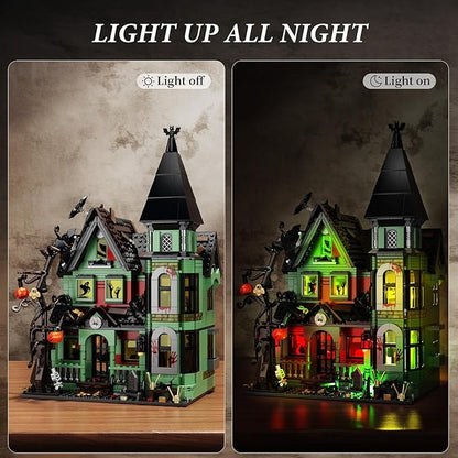iATOM Haunted House Building Set with Lights, Halloween Mansion Building Toy Compatible with Lego for Adults, Horror Village Town Architecture Include Pumpkin Skeleton Spooky Bat Cat, F-C9987