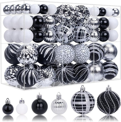 100ct Christmas Ball Ornaments Set, Black Silver and White Shatterproof Hand-Painted Hanging Baubles Decoration Bulk for Xmas Tree, Wreath, Garland, Home Holiday Decor