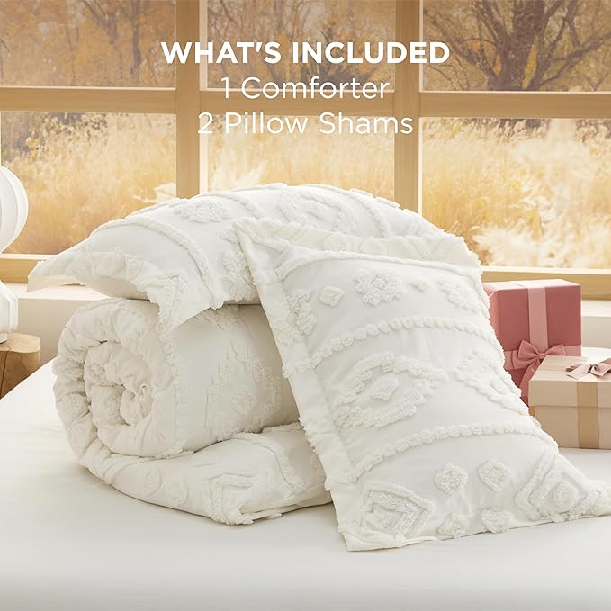 Bedsure Queen Size Comforter Set - White Tufted Boho Bed Set, Farmhouse Shabby Chic Embroidery Bedding for All Seasons, 3 Pieces, 1 Soft Jacquard Queen Comforter and 2 Pillow Shams