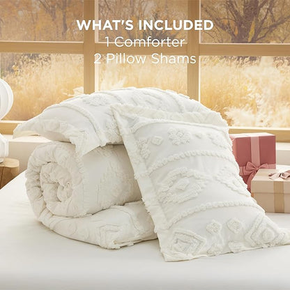 Bedsure King Size Comforter Set - White Tufted Boho Bed Set, Farmhouse Shabby Chic Embroidery Bedding for All Seasons, 3 Pieces, 1 Soft Jacquard King Comforter and 2 Pillow Shams
