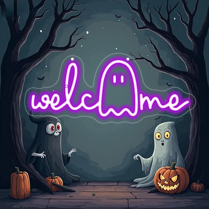 Welcome Ghouls Neon Sign, Spooky Ghost LED Halloween Decor, Haunted House Entryway Light, Available Gothic Haunted Mansion Light for Bedroom Bar Cave Room Decor Party Home-Purple