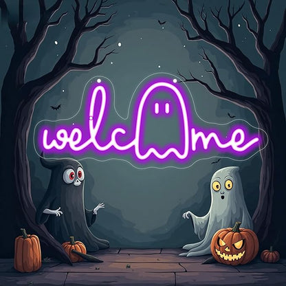 Welcome Ghouls Neon Sign, Spooky Ghost LED Halloween Decor, Haunted House Entryway Light, Available Gothic Haunted Mansion Light for Bedroom Bar Cave Room Decor Party Home-Purple