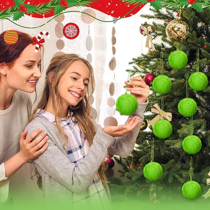 Gejoy 12 Pcs Lime Green Furry Christmas Ball Ornaments for Xmas Tree Green Christmas Hanging Decorations Soft Faux Fur Pom Pom Ball Ornaments for Home Party Supplies Fireplace Mantel Wall Decor