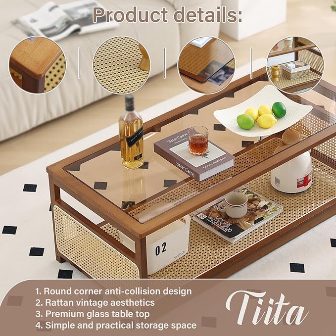 Tiita Coffee Tables for Living Room，Mid Century Modern Storage 2-Tier Coffee Tables，Rattan Glass RectangleTables，Suitable for Living Room Apartment, Large, Brown