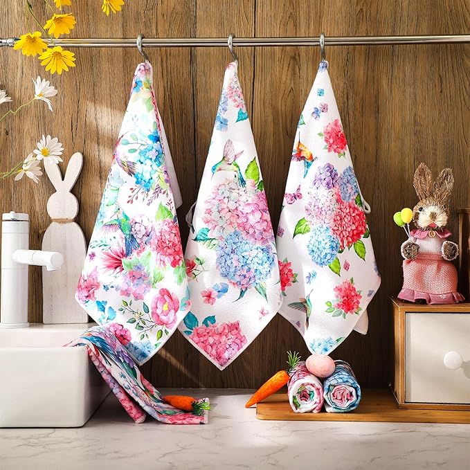 Oudain Hydrangea Kitchen Towels Set of 6 Absorbent Dish Towels Watercolor Floral Summer Farmhouse Tabletop Decor