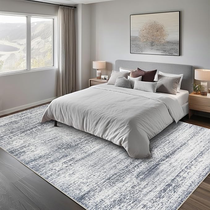 Washable Rugs 8x10 Area Rugs for Living Room,Rugs for Bedroom,Large Carpets,Ultra Soft Faux Wool Retro Dining Room Rug,Non Slip&Non-Shedding Low Pile Vintage Print Rug for Home Office-Grey Cream