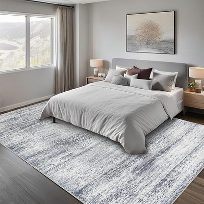 Washable Rugs 8x10 Area Rugs for Living Room,Rugs for Bedroom,Large Carpets,Ultra Soft Faux Wool Retro Dining Room Rug,Non Slip&Non-Shedding Low Pile Vintage Print Rug for Home Office-Grey Cream