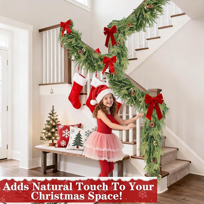 Extra Thick&Lush-9 Ft by 10 Inch Real Touch Norfolk Pine Garland,Christmas Garland Artificial Realistic Soft Thickness Greenery Pine Cypress Pinecones Garlands for Mantle Fireplace Home Indoor Outdoor