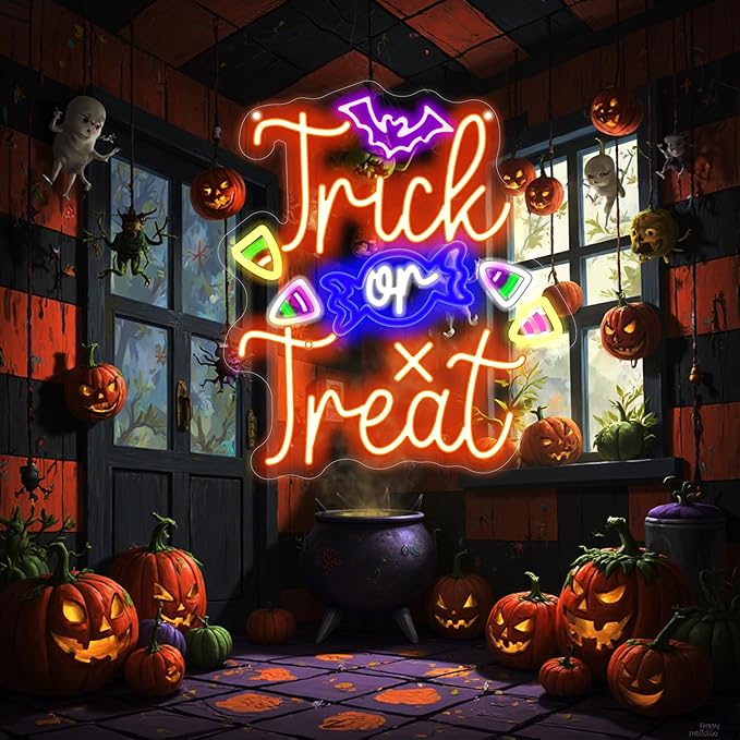 Trick or Treat Neon Sign, Halloween Decorations, Night Light for Yard Garden Party Event Decor, Halloween Hanging Neon Sign for Home Bar Salon Coffee Stores Window Porch Front Door Halloween Decoration