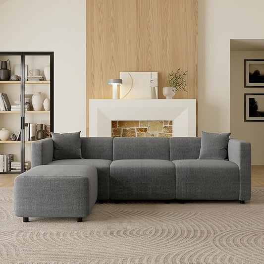 Acanva Modern Small Space Sectional Sofa Set, Linen-Like Fabric Couch with Reversible Chaise & Solid Wood Frame, Ideal for Compact Living Room Apartment, L-Shape, Grey
