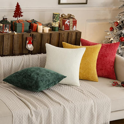 MIULEE Christmas Pack of 4 Throw Pillow Covers 16x16 Inch Christmas Red/Green Soft Decorative Chenille Pillow Covers Farmhouse Accent Cushion Covers for Boho Home Decor Bedroom Living Room
