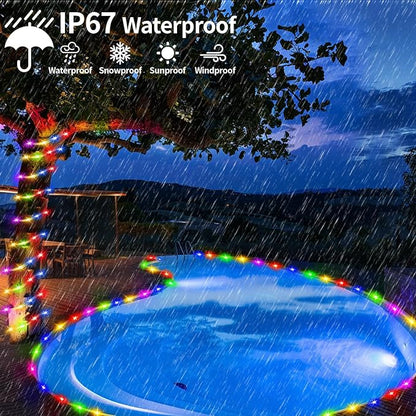 Solar Rope Lights 98FT Waterproof 300LEDs, Rechargeable Solar String Light with Remote Control,Outdoor Palm Tree Holiday Lights for Pathway Pool Patio Party Garden Yard Balcony (Multi Color)