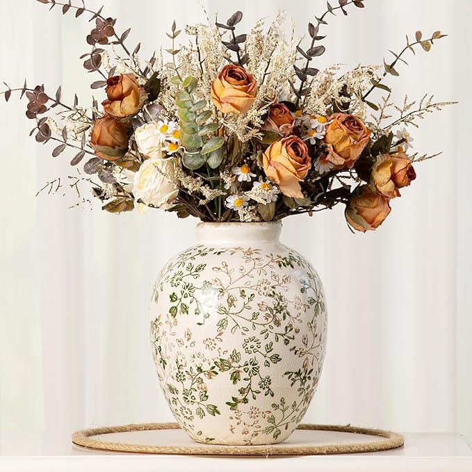 Ceramic Rustic Vase, Green and Beige Flower Vintage Decorative Vase Chinoiserie Decor Rustic Farmhouse Retro Floral Vases for Table Bookshelf Mantel Kitchen Living Room Office- 7.8inch