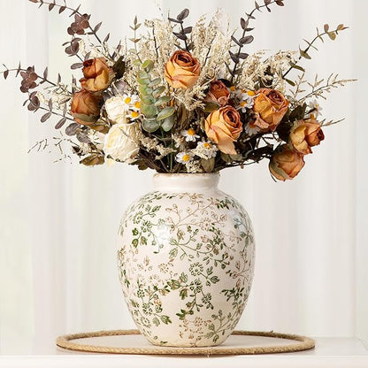 Ceramic Rustic Vase, Green and Beige Flower Vintage Decorative Vase Chinoiserie Decor Rustic Farmhouse Retro Floral Vases for Table Bookshelf Mantel Kitchen Living Room Office- 7.8inch