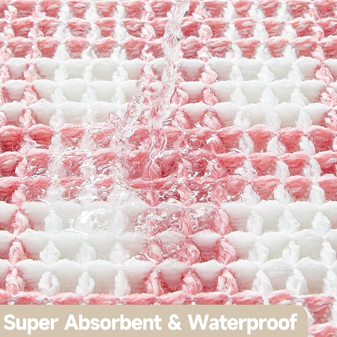 Waffle Runner Rug Bathroom, Long Boho Bathroom Rugs Non Slip Washable Absorbent Checkered Bathroom Mat Quick Dry Cute Bath Mat, 60"x24" Pink and White