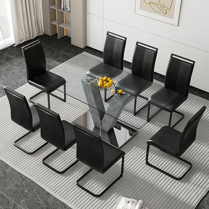 Glass Dining Table Set for 8, 71" Kitchen Table and 8 PU Leather Chairs, Tempered Glass Top and MDF Base, 9-Piece Table Set Ideal for Living Room