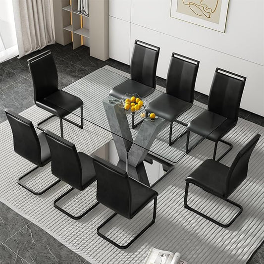 Glass Dining Table Set for 8, 71" Kitchen Table and 8 PU Leather Chairs, Tempered Glass Top and MDF Base, 9-Piece Table Set Ideal for Living Room