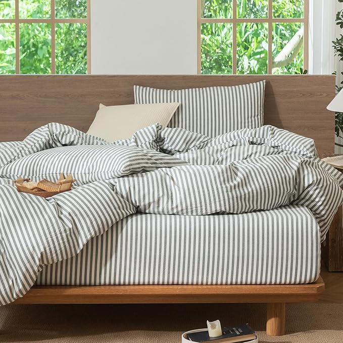MooMee Striped Duvet Cover Set 100% Washed Cotton Linen Like Textured Breathable Durable Soft Comfy (Heathered Green Classic Stripes, Super King Plus 120"x120")