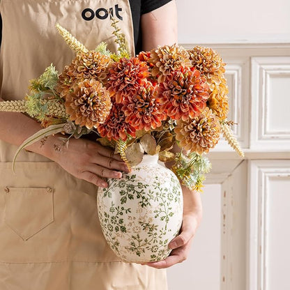 Ceramic Rustic Vase, Green and Beige Flower Vintage Decorative Vase Chinoiserie Decor Rustic Farmhouse Retro Floral Vases for Table Bookshelf Mantel Kitchen Living Room Office- 7.8inch