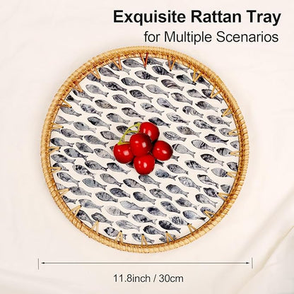 Round Rattan Tray with Mother of Pearl Inlay, Rattan Serving Tray for Coffee, Bread, Fruits, Decorative Wicker Tray for Table Decor, Home Decor, Kitchen Island Decor (Dark Blue Fish, 11.8")