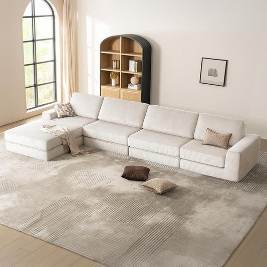 160.63‘’ Boneless Couch Cloud Modular Sectional Couches for Living Room, Oversize L-Shape Sofa with Deep Seat, Plush Corduroy 4-Seater with Ottoman, No Assembly Required