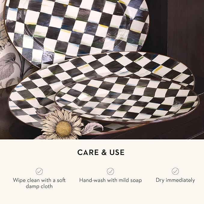 MACKENZIE-CHILDS Enamel Oval Platter, Serving Plate for Entertaining, Small, Black-and-White Courtly Check