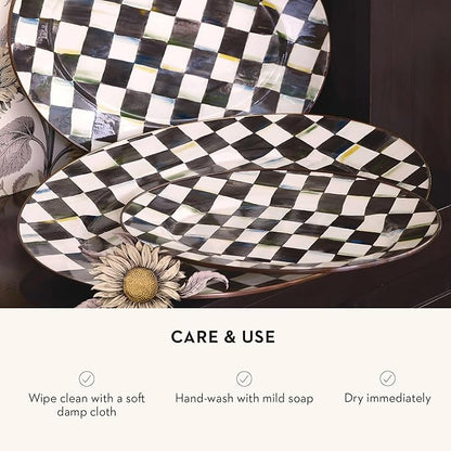 MACKENZIE-CHILDS Enamel Oval Platter, Serving Plate for Entertaining, Small, Black-and-White Courtly Check