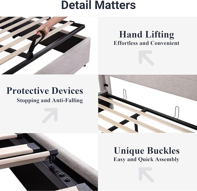 Allewie Full Size Lift Up Storage Bed, Modern Wingback Headboard, Hydraulic Support, No Box Spring Needed, Light Beige