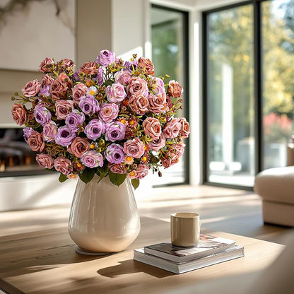 Artificial Flowers for Outdoor 4 Bundles Rose Bouquet with Daisy Faux Flowers UV Resistant for Home Indoor Outside Garden Porch Window Box Balcony Yard Porch Decor (Purple+Brown)