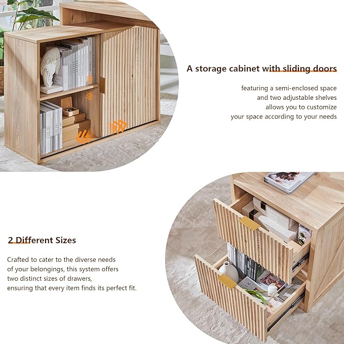 JXQTLINGMU 67" Modern L Shaped Desk with Storage Cabinet & Drawers, Wood Home Office Desk with Power Outlets, Fluted Computer Writing Desk, Natural Oak