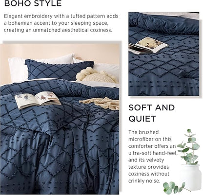 Bedsure King Comforter Set - Navy Blue Comforter, Boho Tufted Shabby Chic Bedding for Kids, 3 Pieces Vintage Farmhouse Bed Set for All Seasons, Fluffy Soft Bedding with 2 Pillow Shams