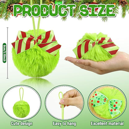 24 Pcs Red Green Furry Christmas Ball Ornaments, 3.15 Inch Large Decor Ball with Bows, Christmas Hanging Decorations Lime Green Soft Faux Fur Pom Pom Balls Decor for Xmas Tree Party Supplies