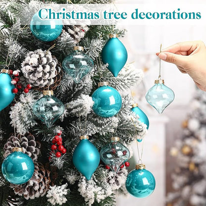Zomiboo 12 Pcs Turquoise Green Glass Christmas Ball Ornaments Set 3.15" Hanging Shatterproof Glass Bulbs for Christmas Tree Baubles Bulk for Holiday Xmas Tree Decorations Gifts