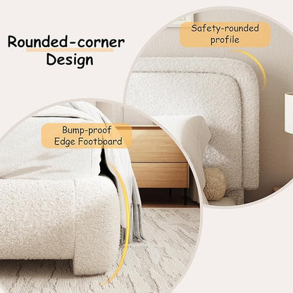 Full Size Boucle Bed Frame, Cloud Upholstered Platform Bed with Height Adjustable Headboard & Soft Rounded Corners, No Box Spring Needed, Noise Free, Easy Assembly, Beige