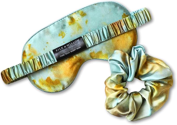 Silk & Willow 100% Pure Mulberry Silk Sleep Eye Mask & Hair Scrunchie Gift Set (Teal Marigold)
