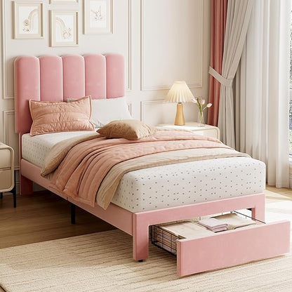 GarveeHome Twin Bed Frame with Under-Bed Drawer, Upholstered Platform Bed with Wave Headboard for Kids/Girls, Wooden Slats Support, No Box Spring Needed, Velvet Pink