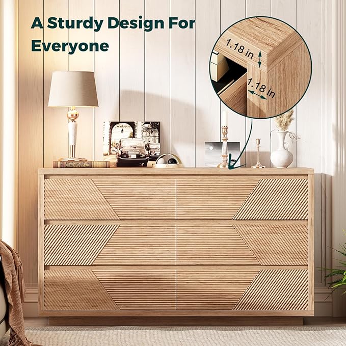 55.12" Modern Chest of Drawer, 6 Deep Drawers,Clothes Organizer,Large Storage Cabinet for Living Room, Bedroom,Dresser TV Stand, Wood Drawer Organizer for Living Room, Hallway, Natural Wood