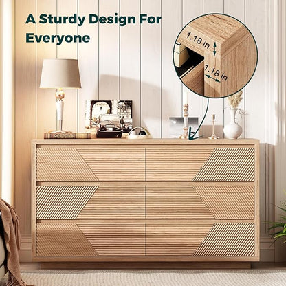 55.12" Modern Chest of Drawer, 6 Deep Drawers,Clothes Organizer,Large Storage Cabinet for Living Room, Bedroom,Dresser TV Stand, Wood Drawer Organizer for Living Room, Hallway, Natural Wood