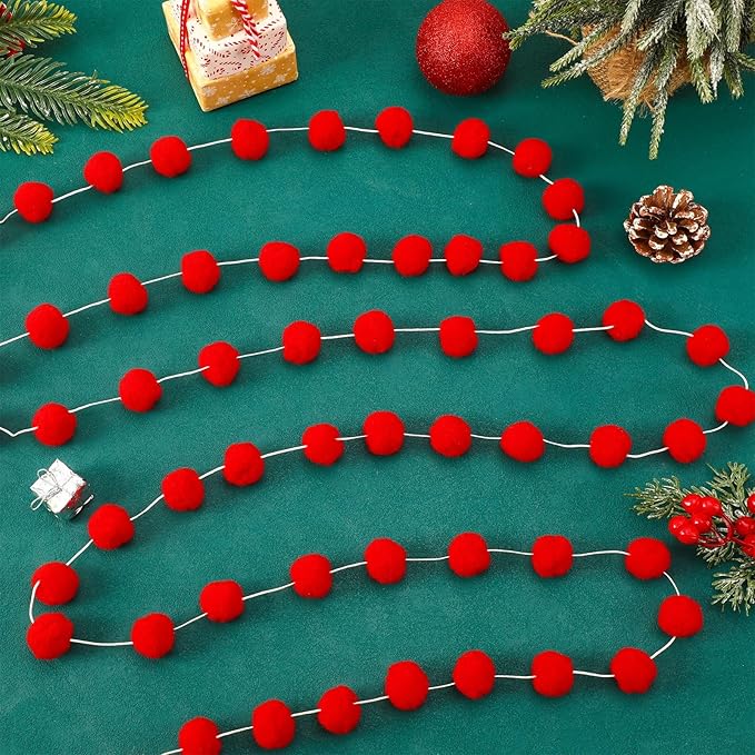 MARFOREVER 4 Pack 26.3 Ft Christmas Red Pom Pom Garland Ornaments, 30 Balls Christmas Felt Garland Hanging Supplies for Xmas Tree School Classroom Fireplace Wall Home Holiday Party Decor