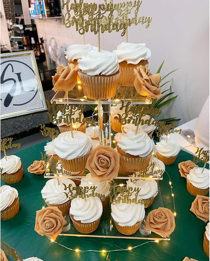YestBuy 3 Tier Clear Square Cupcake Stand - Premium Cupcake Holder - Acrylic Cupcake Tower Display - Cady Bar Party Décor + LED Light String - Ideal for Weddings, Birthday Parties (Yellow Light)