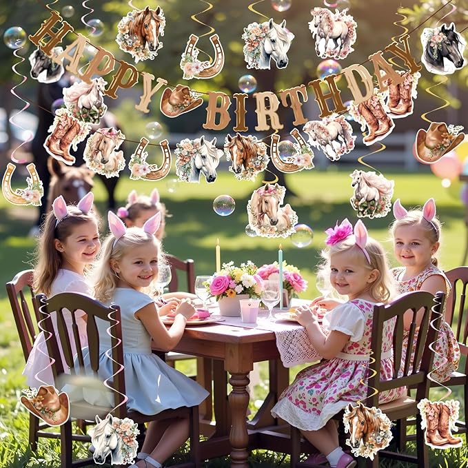 Horse Birthday Decorations,Horse Party Decorations for Girls,Cowgirl Hanging Swirls,Happy Birthday Banners, Western Party Supplies Women
