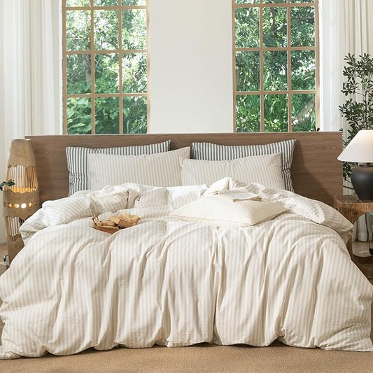 MooMee Striped Duvet Cover Set 100% Washed Cotton Linen Like Textured Breathable Durable Soft Comfy (Almond Milk Grey Classic Stripes, Oversized Queen 98"x98")