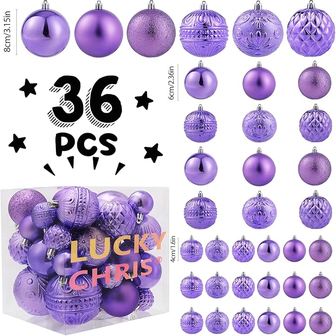 Christmas Ball Ornaments Light Purple Christmas Tree Decorations with Hang Rope-36pcs Shatterproof Christmas Ornaments Set with 6 Styles in 3 Sizes(Small Medium Large)