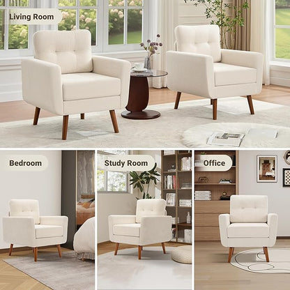 Tbfit Linen Fabric Accent Chair, Mid Century Modern Armchair for Living Room, Bedroom Button Tufted Upholstered Comfy Reading Accent Chairs Sofa(Beige)