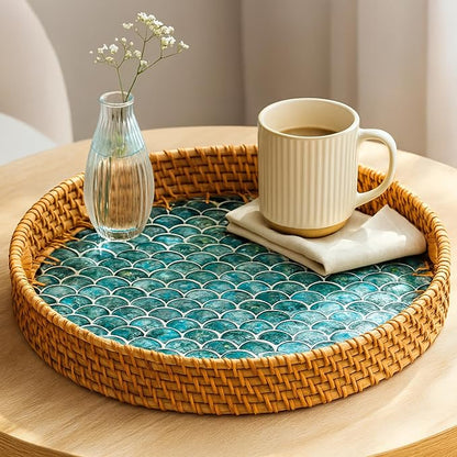 JUNGLE CULTURE Rattan Serving Tray 12" with Mother of Pearl Inlay • Coastal Boho Collection • Handcrafted Woven with Handles for Home • Round Dining Tray • Wicker Serving Basket – Cascade