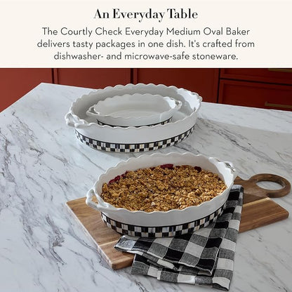 MACKENZIE-CHILDS Everyday Oval Casserole Baker, Cute Oven Baker, Medium, Black-and-White Courtly Check