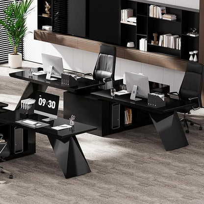 homary 70.9" Modern L-Shape Executive Desk Set, Home Office Desk with Home Office Executive Chair, Drawers & Cabinet Modern Computer Desk for Home Business Furniture, Black, Left Hand