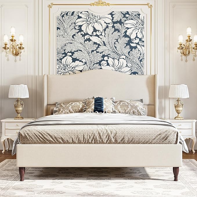 Full Size Bed Frame Upholstered Platform Bed with 51" Tall Headboard Wingback, Soft Fabric, Retro Simple Style Platform Bed No Box Spring Needed, Easy Assembly, Beige