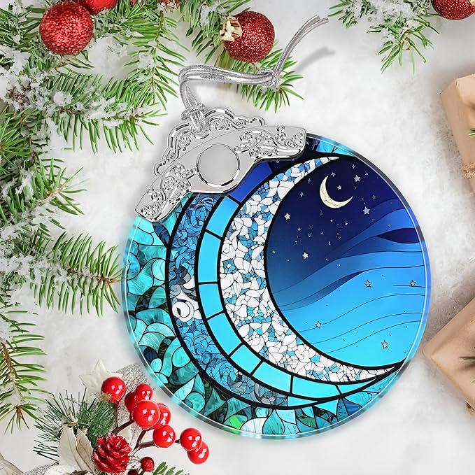 Art Blue Moonlight Stained Glass Orament - Christmas Ornament - Christmas Decorations for Tree - Holiday Present ldeas - Gift Exchange